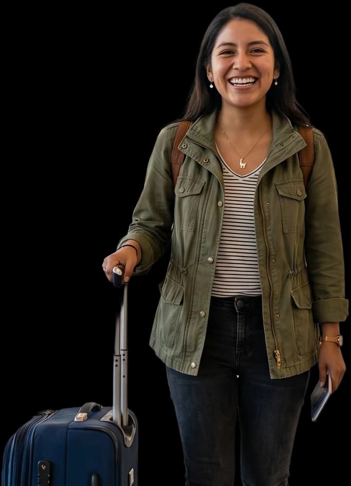 Joven au pair sonriendo con su maleta, lista para viajar a Estados Unidos.